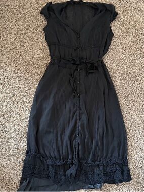 Adrianna Papell Black Button-Front Midi Dress with Lace Trim